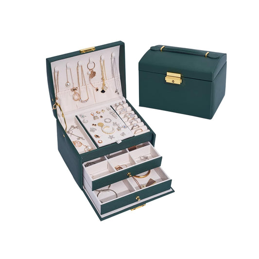 Dark Green Large Jewelry Organizer – 3-Layer Storage Case for Earrings, Rings, Bracelets & Necklaces – Perfect Gift for Women & Girls