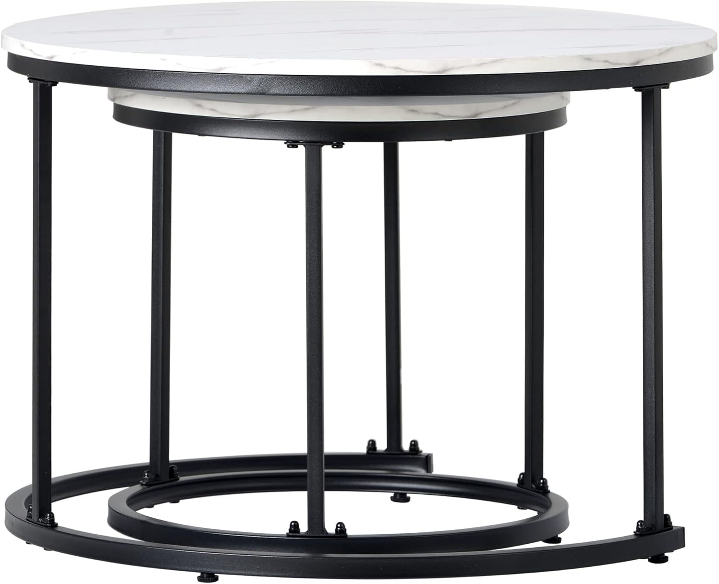 White and Gray Sintered Stone Round Nesting Coffee Tables with Metal Base