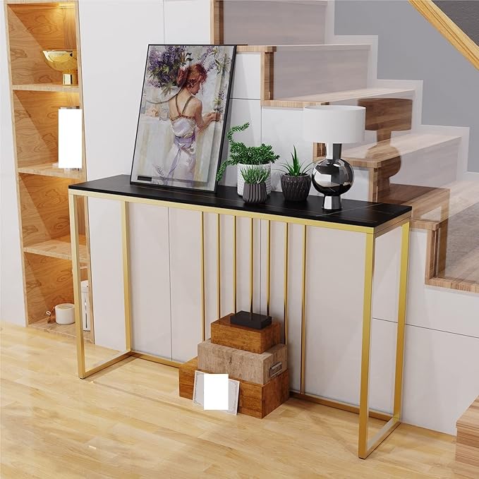 Black 100cm Marble Console Table With Gold Base For Entryway Or Living Room