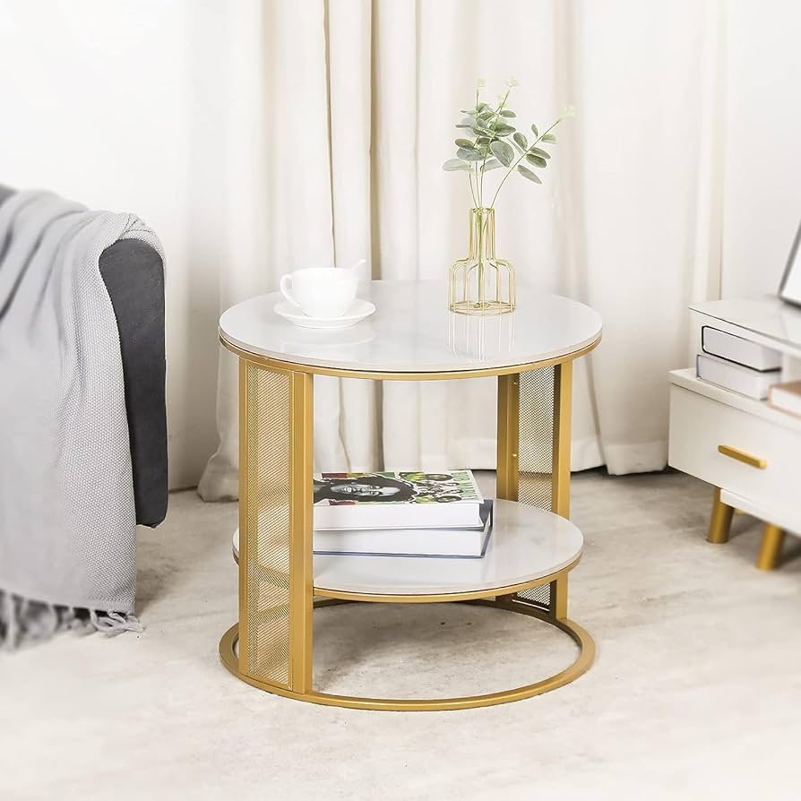 Buy 2-Tier White Marble Side Table with Storage AU