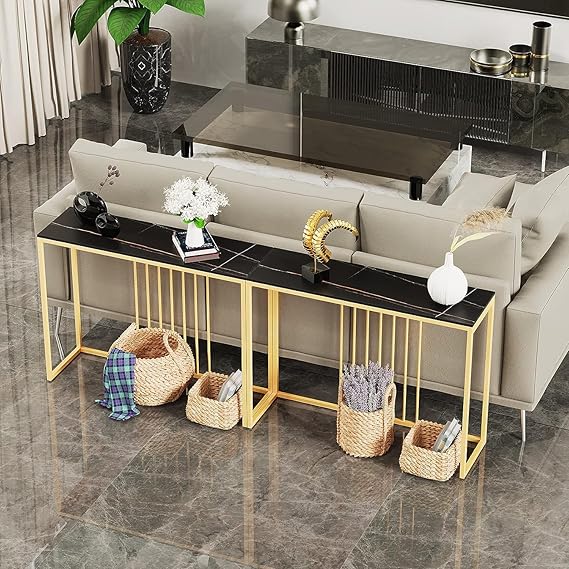 Black 100cm Marble Console Table With Gold Base For Entryway Or Living Room