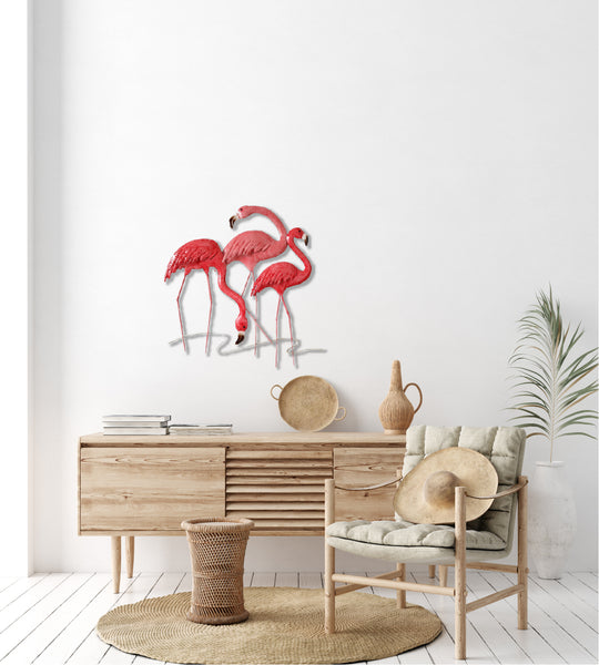 Pink Flamingo Metal Wall Art with Coastal-Inspired Design and Durable Frame Construction