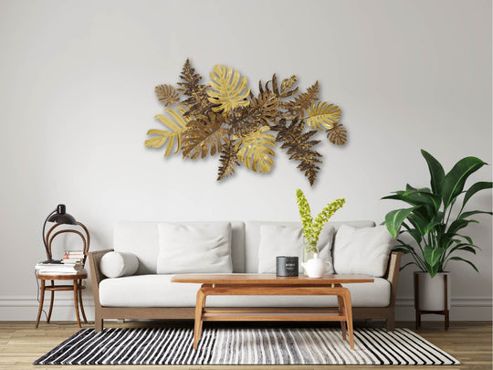 Yellow Tropical Leaves Metal Wall Art with Sturdy Frame and Weather-Resistant Finish
