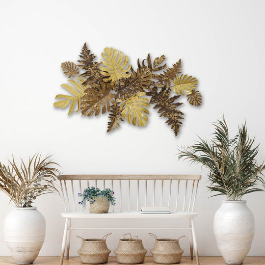 Yellow Tropical Leaves Metal Wall Art with Sturdy Frame and Weather-Resistant Finish