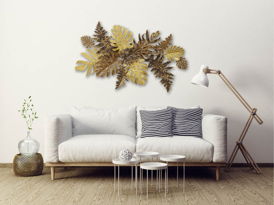 Yellow Tropical Leaves Metal Wall Art with Sturdy Frame and Weather-Resistant Finish