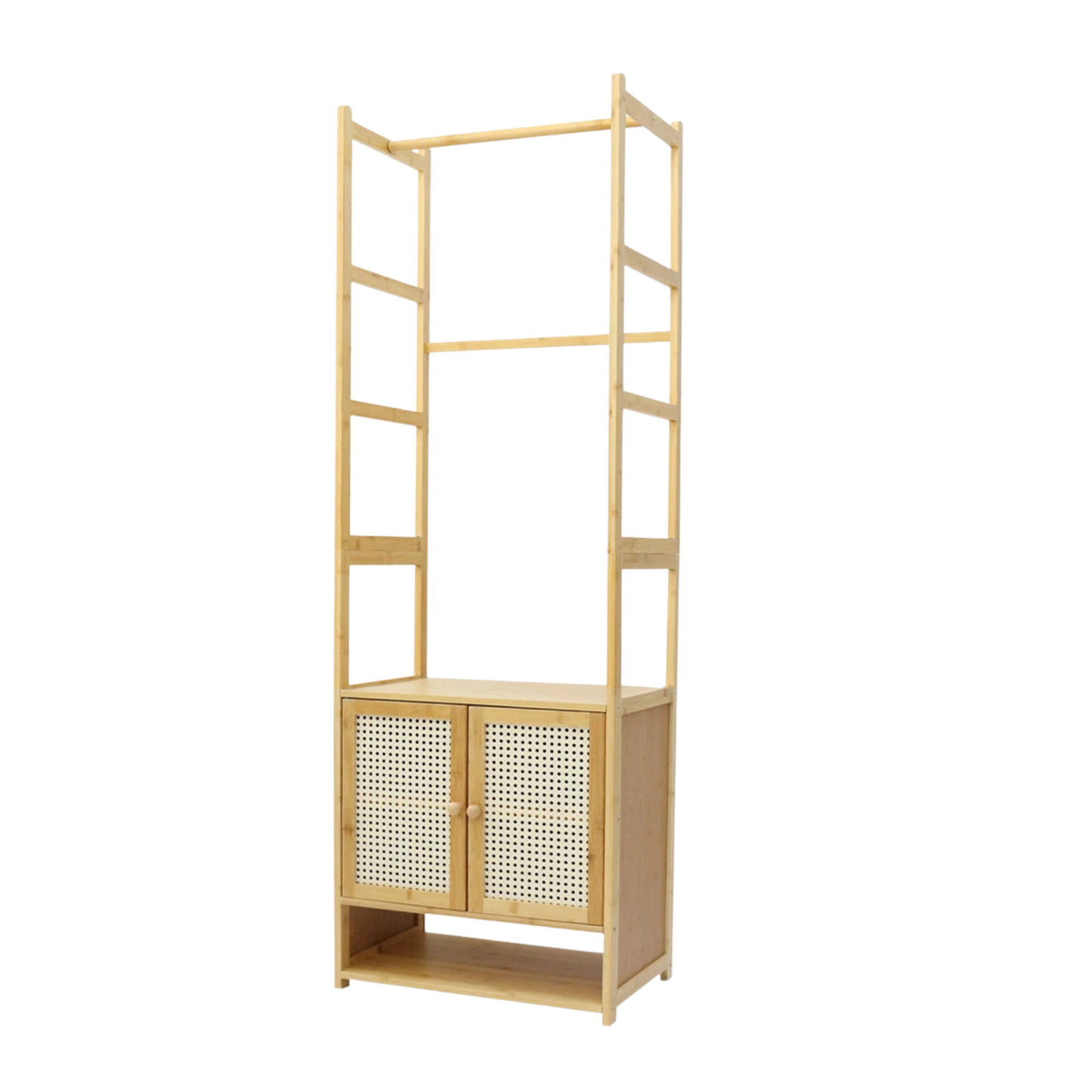 Natural Wood Modern Bamboo Clothes Rack with Storage Cabinet & Hooks