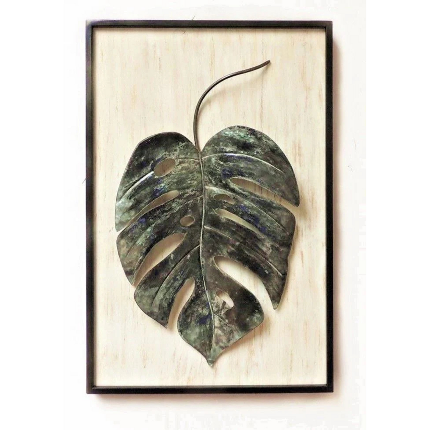 Wooden Frame Single Leaf Metal Wall Art with Rustic Charm and Nature-Inspired Design