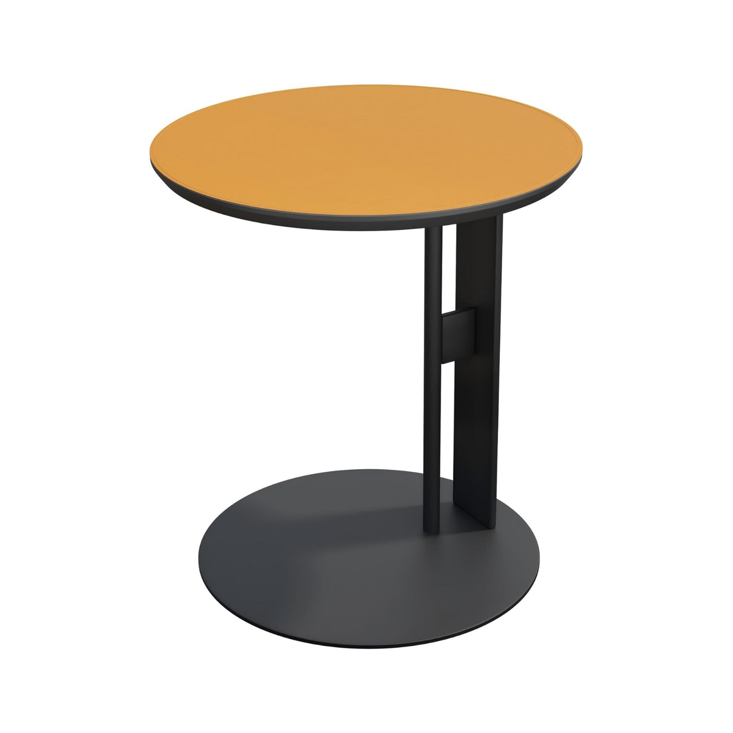 Orange Saddle Leather C-Shaped Side Table With Black Iron Frame Support