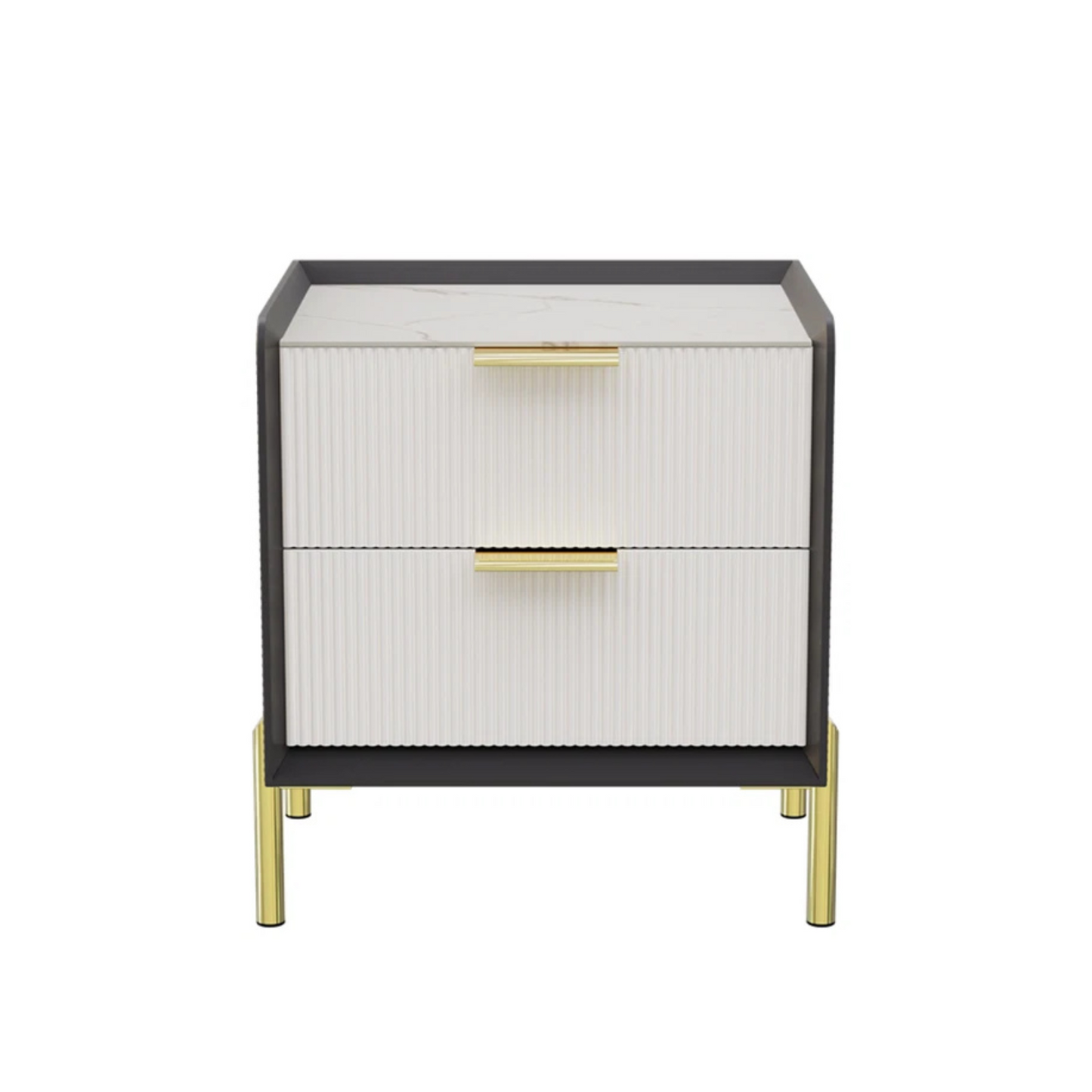 White & Grey Bedside Table With Sintered Stone Top And Storage Drawers