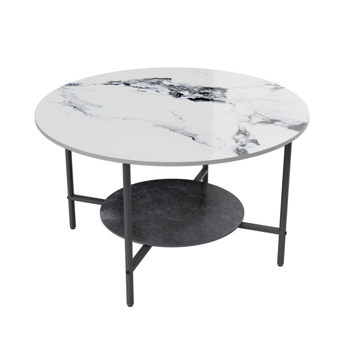 White & Black Round Coffee Table with 2?Tier Sintered Stone & Storage