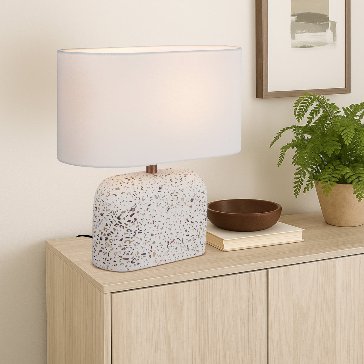 TFS TABLE LAMP 25wE27max L:350 W:180 H:360 inline Swtch WHITE TERRAZZO / IVORY LINEN