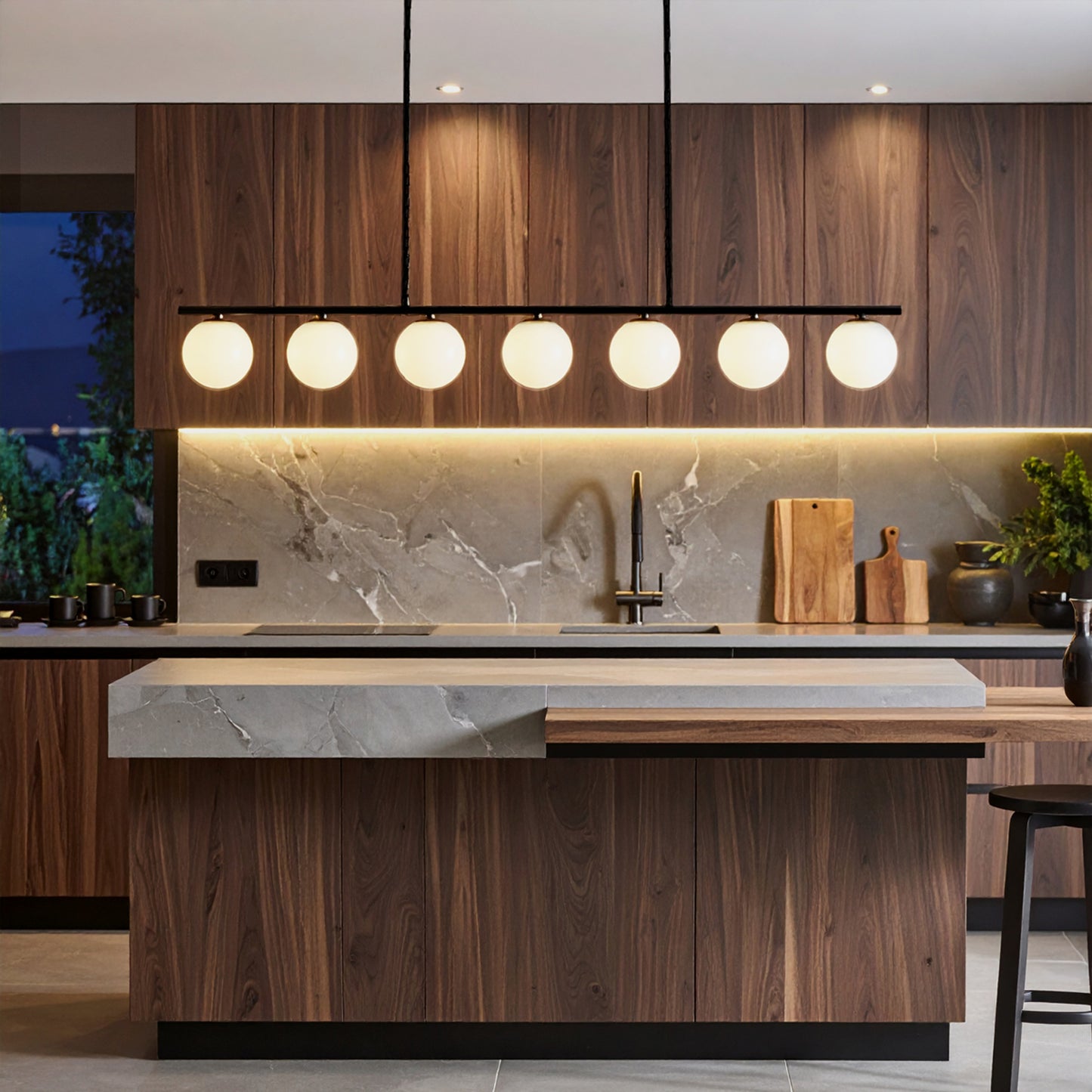TFS 7LT PENDANT 7x25wE27 L:1500 H:1750 BLACK&OPAL GLASS ROD:2*600+1*300