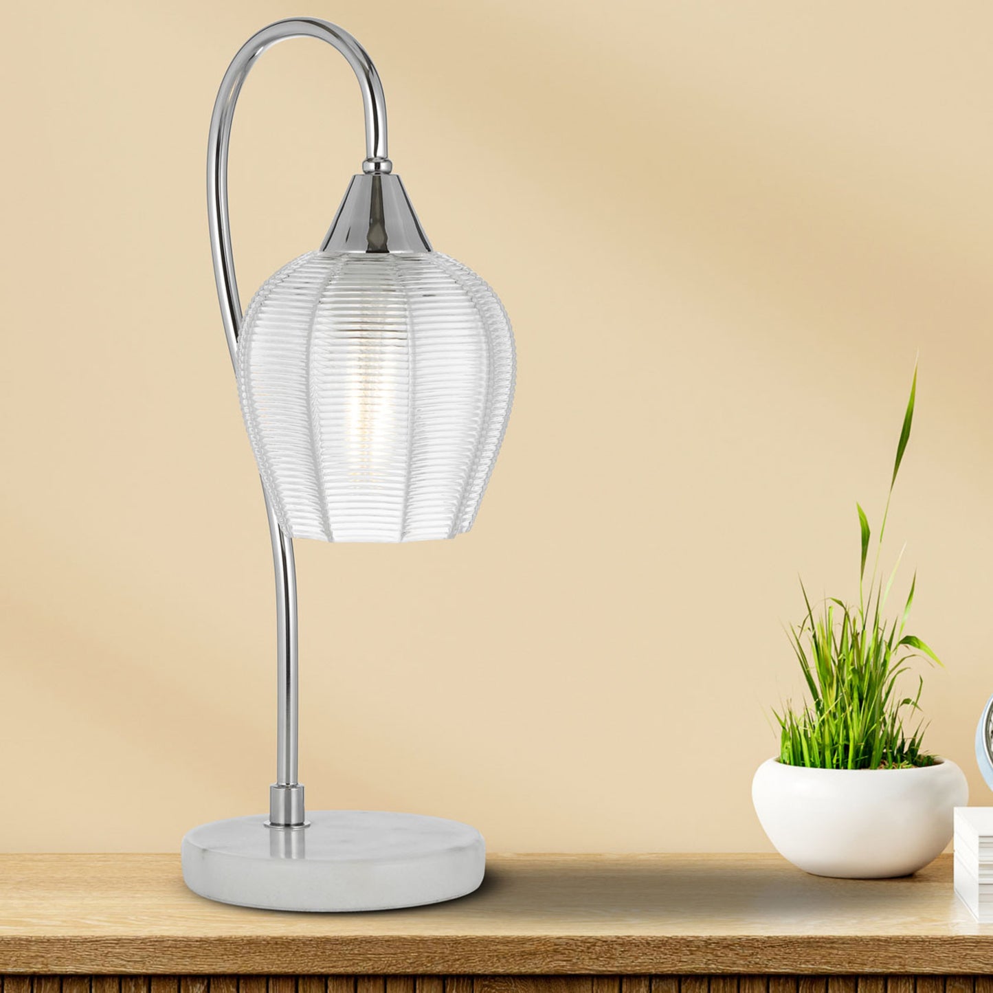 TFS TABLE LAMP 25wE27max L210 W160 H450 line swt WH MARBLE/CHROME/CLEAR