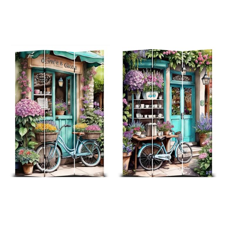 Doorfront Bicycle with Flowers Canvas Trifold Room Divider