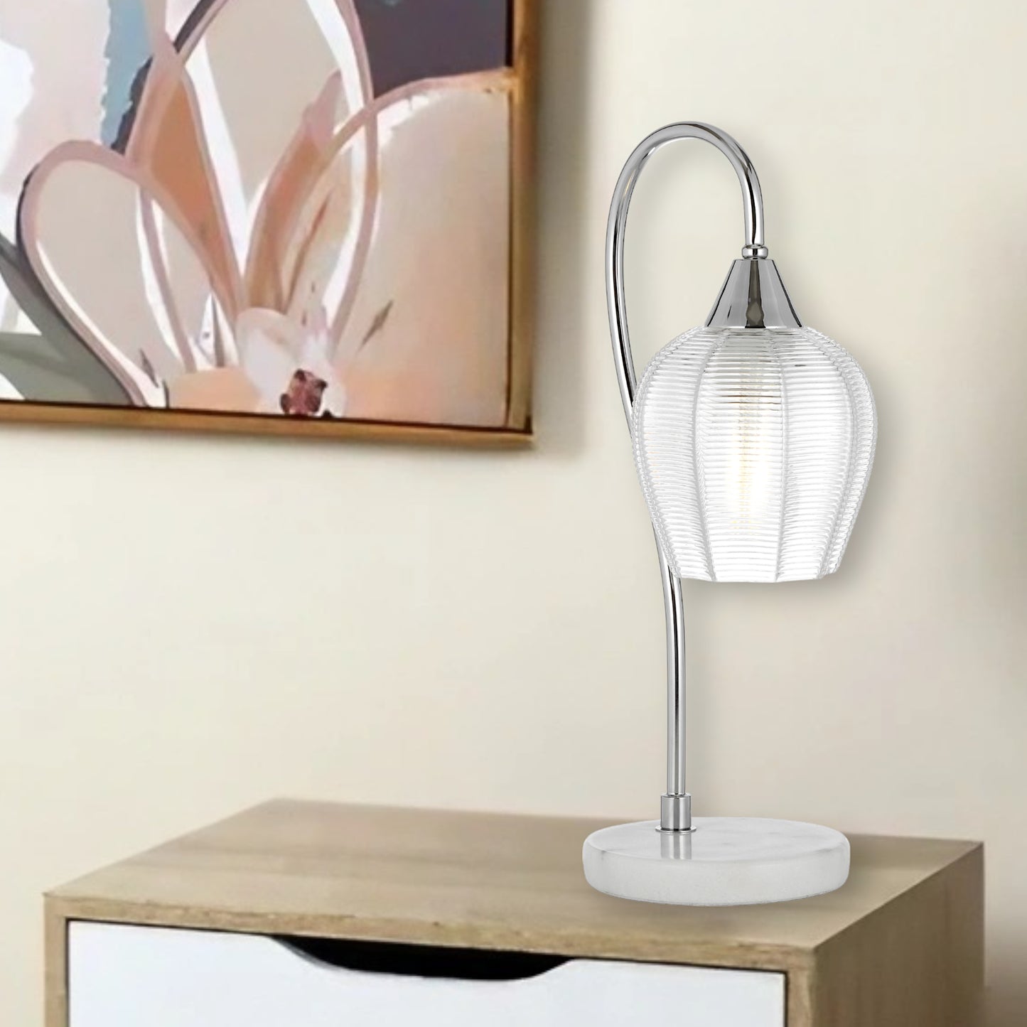 TFS TABLE LAMP 25wE27max L210 W160 H450 line swt WH MARBLE/CHROME/CLEAR