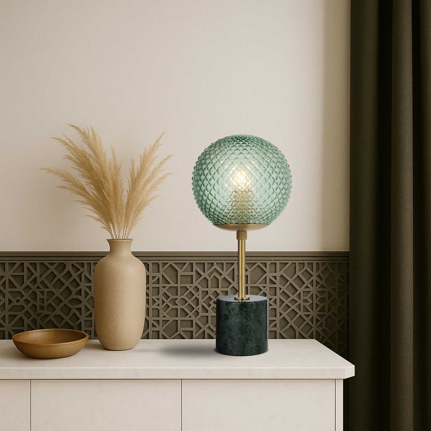 TFS TABLE LAMP 25wE27max D:190 H:415 inline swtch GREEN MARBLE/GREEN GLASS