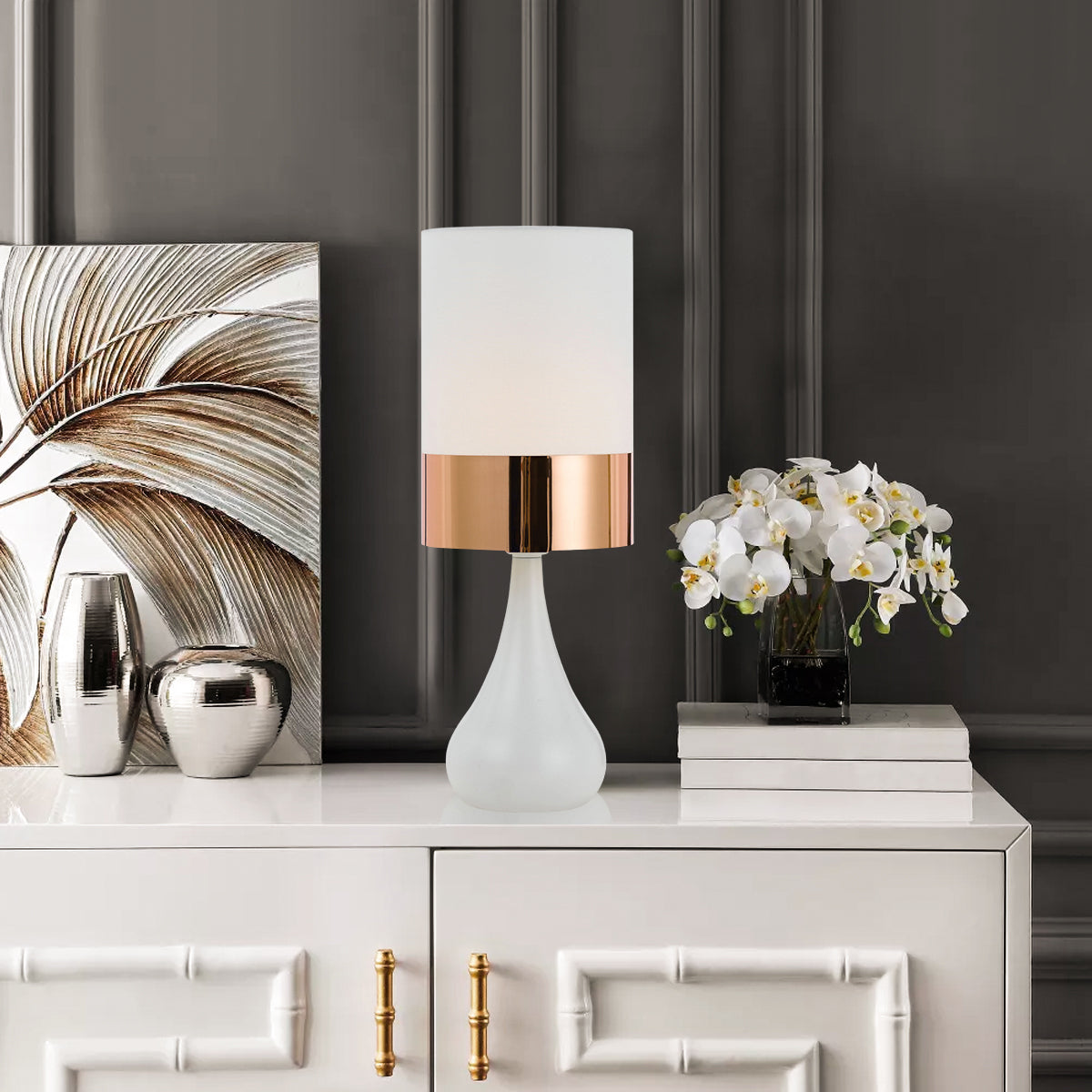 TFS CERAMIC TABLE LAMP 25wE14max D:150 H:410 WHITE/COPPER