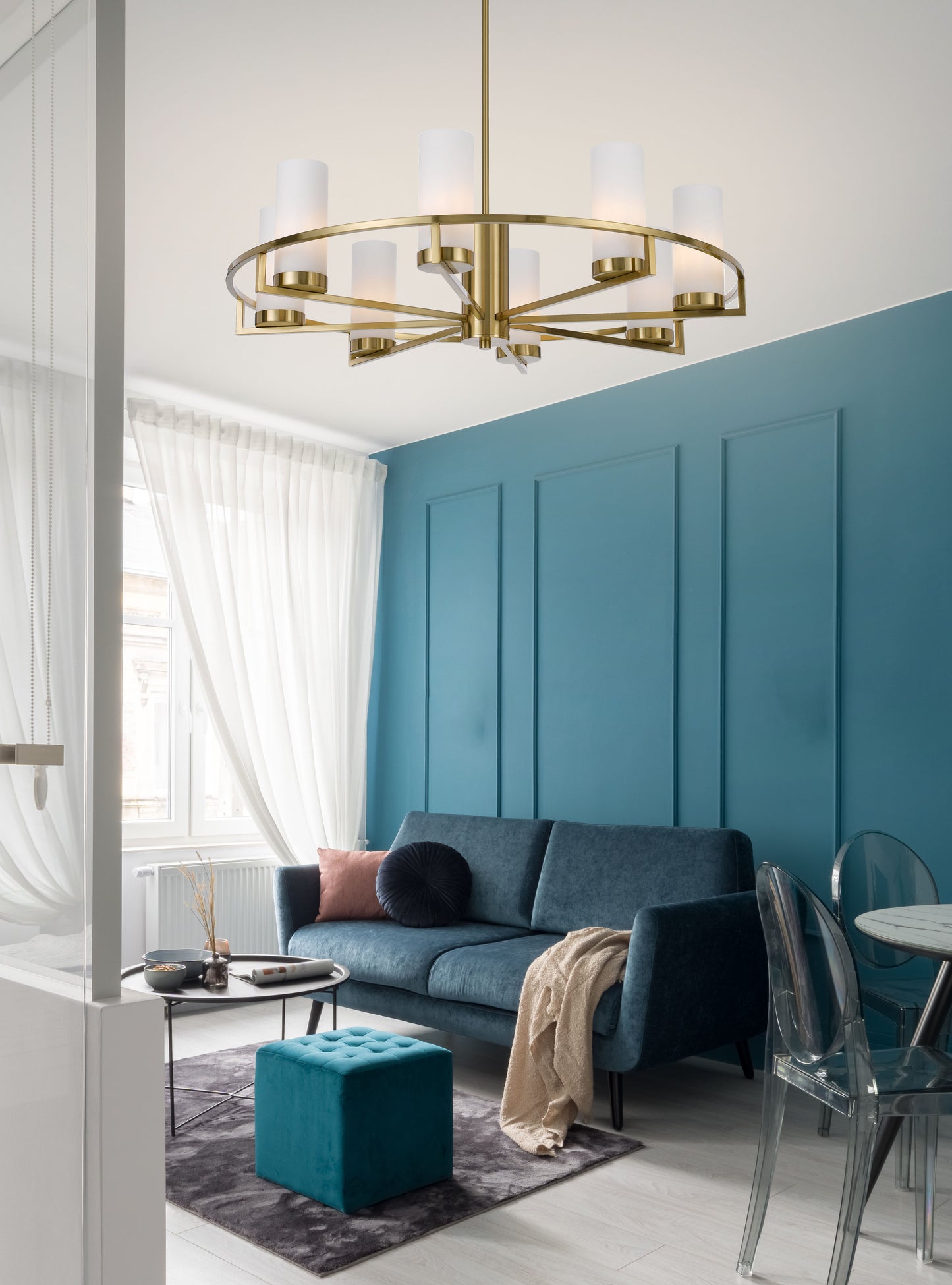 TFS 8LTS PENDANT 8x25wE14max D850 H242 GLASS:80 BRASS / OPAL MATT ROD:1.5m