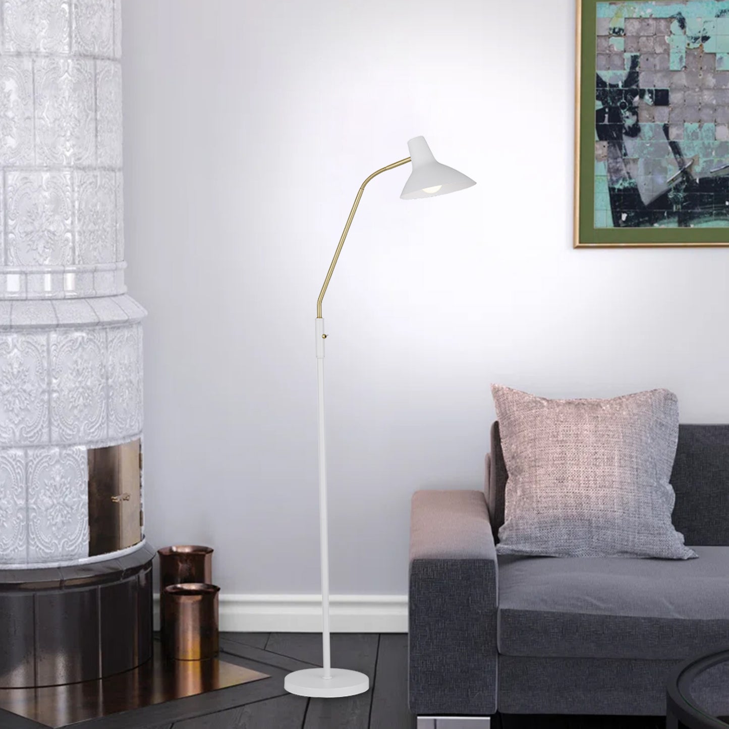 Bellastone TFS FLOOR LAMP 25wE27max H:1580 D:230 WHITE/ BRASS MATT/WHITE ROCKET SWITCH