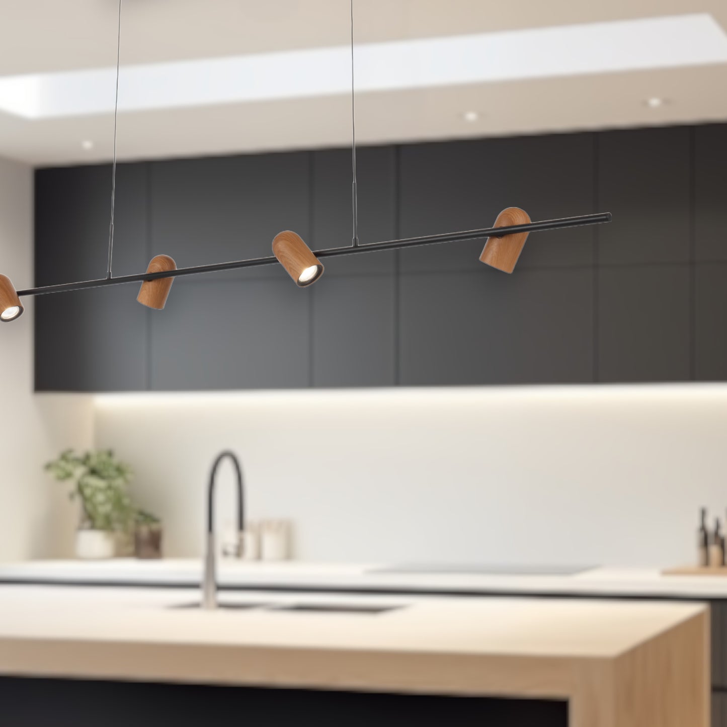 TFS 4LT PENDANT 4x6wGU10 L1800 W150 H120 cab 2M BLACK / WOOD PAINTED