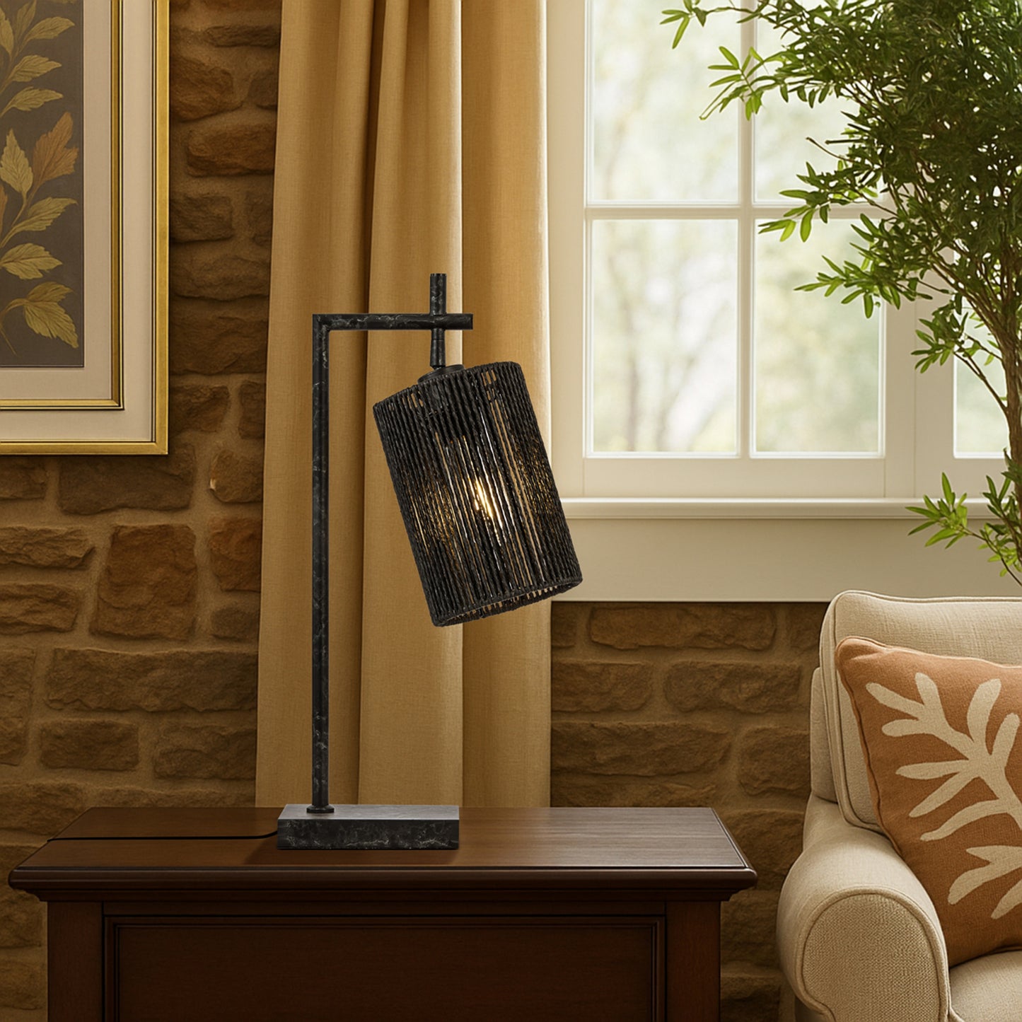TFS TABLE LAMP 25wE27max L210 W140 H500 inline swt GUN METAL / BLACK STRING