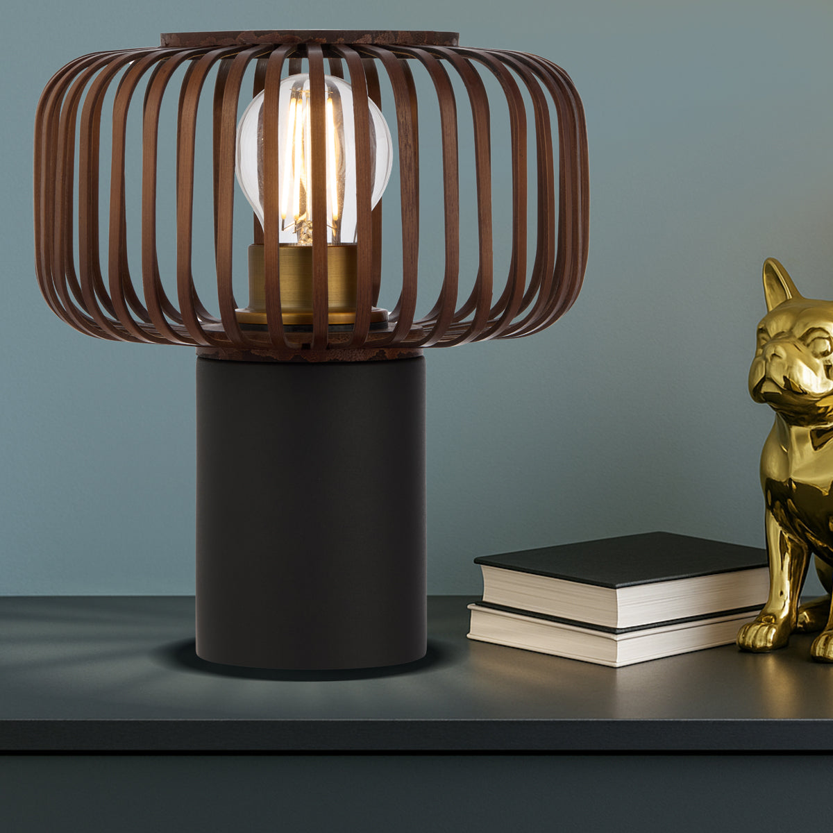 TFS ROUND TABLE LAMP 25wE27max D200 H230 inline swt BLACK / BROWN BAMBOO