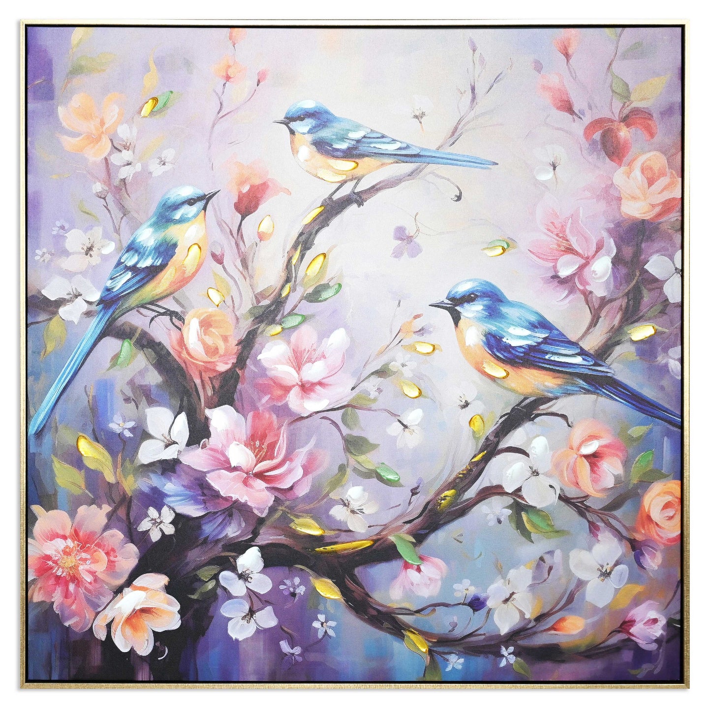 Bird w. flowers Hand Painting Picture w. Gold PS Frame