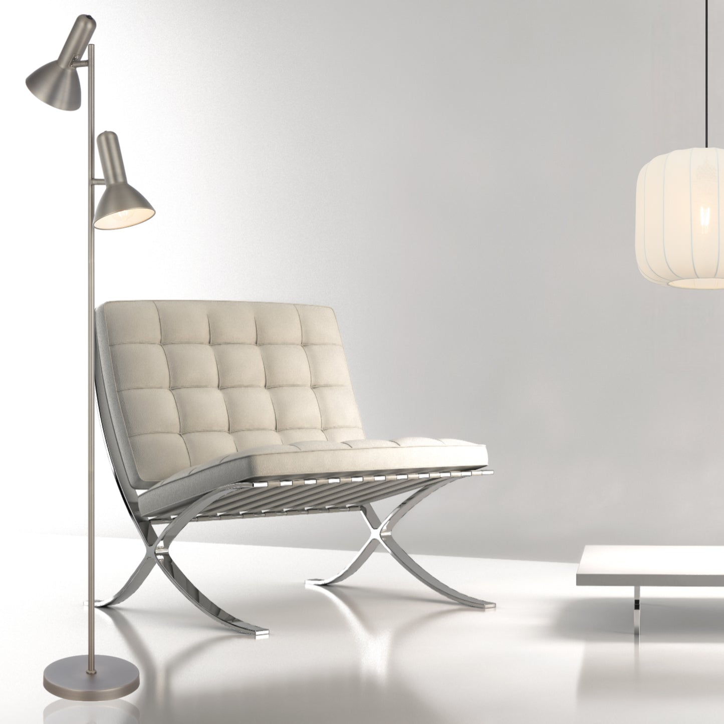 TFS 2LT FLOOR LAMP 2x25wE27max L240 W420 H1610 ON/OFF SWT ON HEAD NICKEL MATT