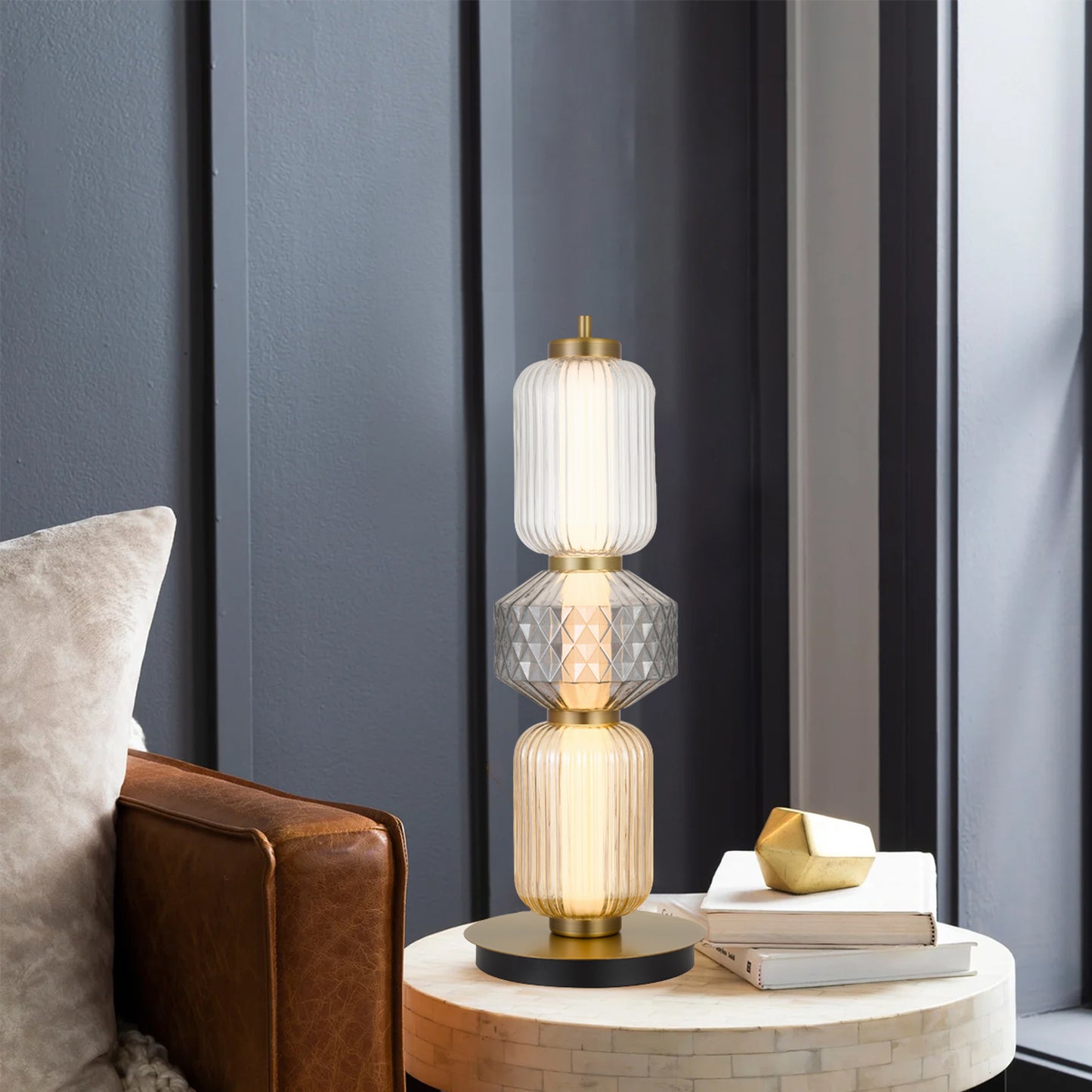 Rimini TFS TABLE LAMP 15wLED 3000K DIM D:200 H:530 365Lm BRASS GLASS:AMBER SMOKE CLEAR