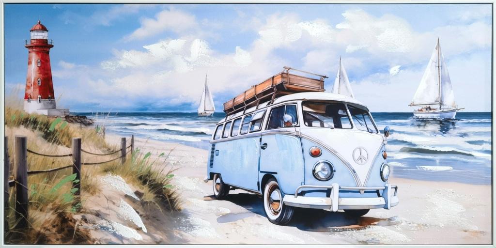 Kombi Van on the Beach Hand Painting Picture White PS Frame