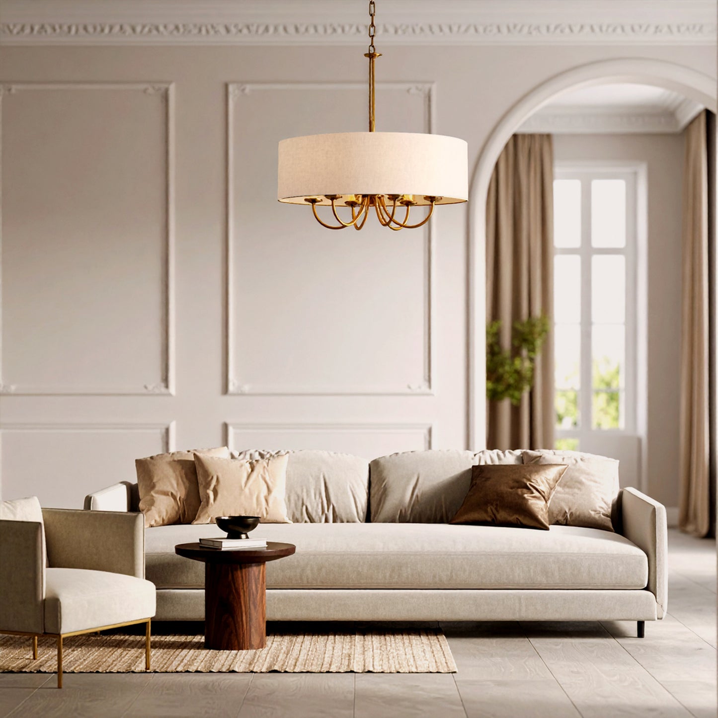 Terawood TFS 6LT PENDANT 6x25wE14max D700 H650 chain 2M BRASS/ IVORY LINEN
