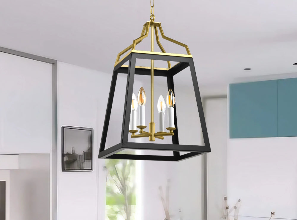 TFS 4LT PENDANT 4x25wE14 L:350 W:350 H:500 2M chain BLACK / ANTIQUE GOLD