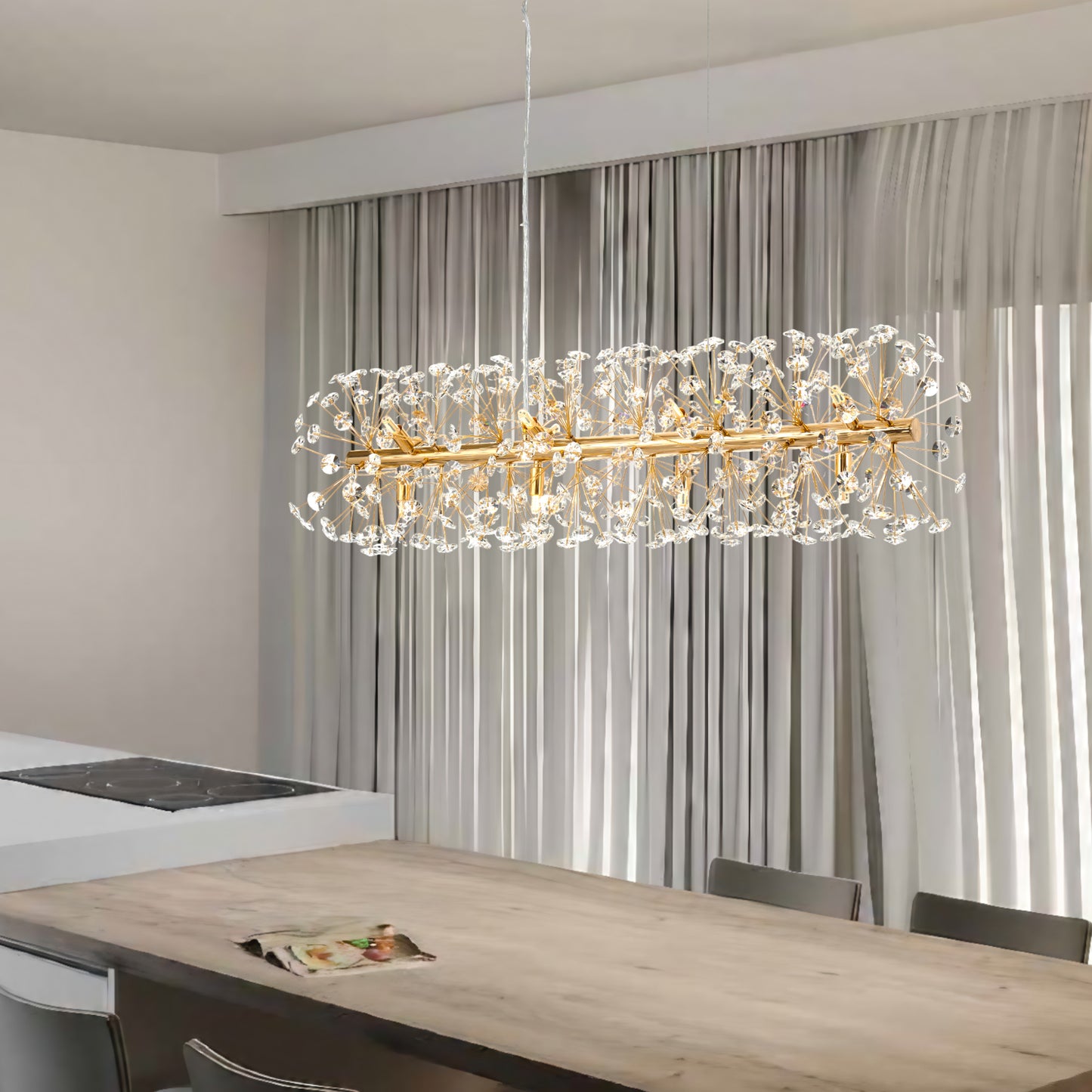 TFS 12LT REC PENDANT 12x6wG9max L:970 W:300 H:300 CRY H130 CHAIN 2M GOLD / CLEAR