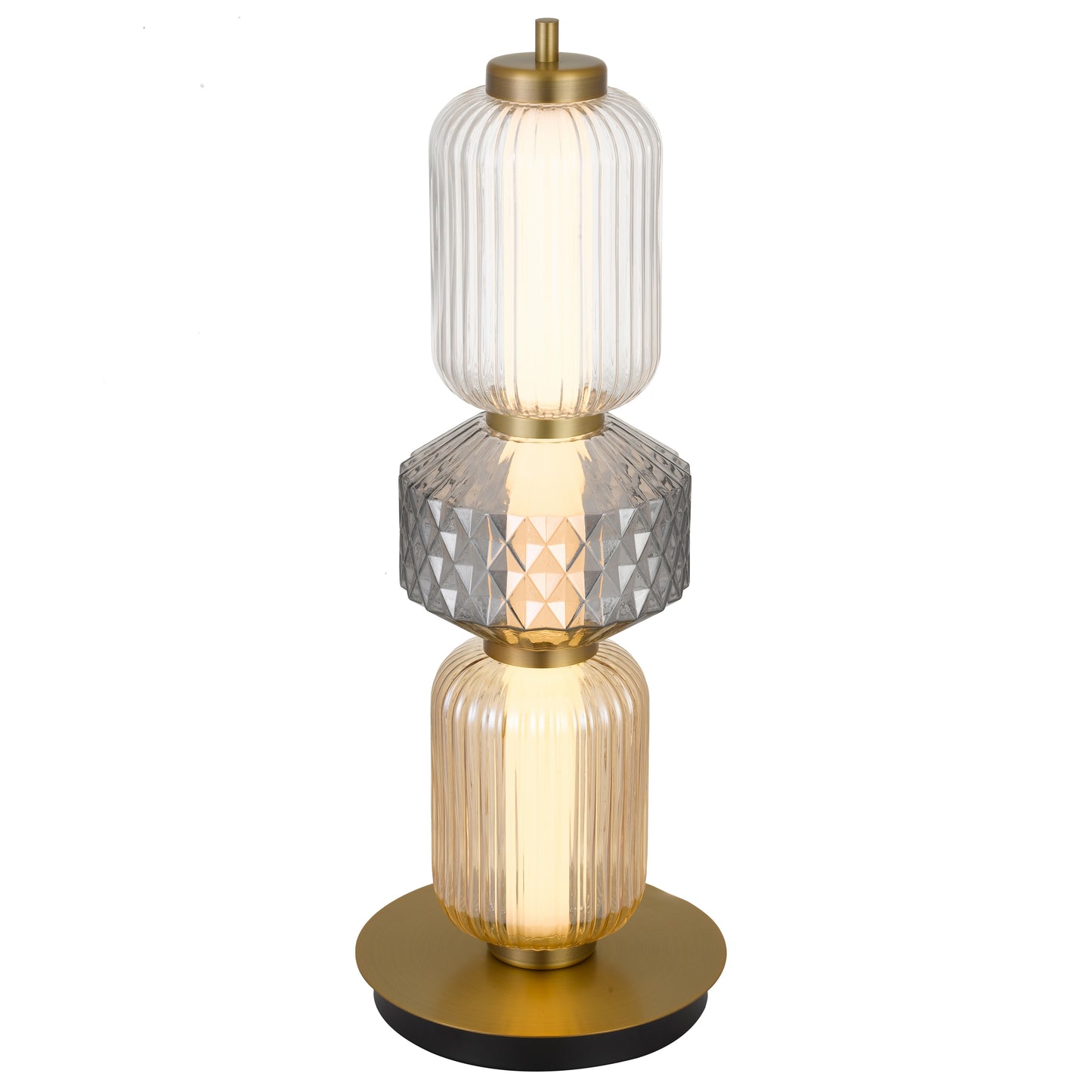 Rimini TFS TABLE LAMP 15wLED 3000K DIM D:200 H:530 365Lm BRASS GLASS:AMBER SMOKE CLEAR