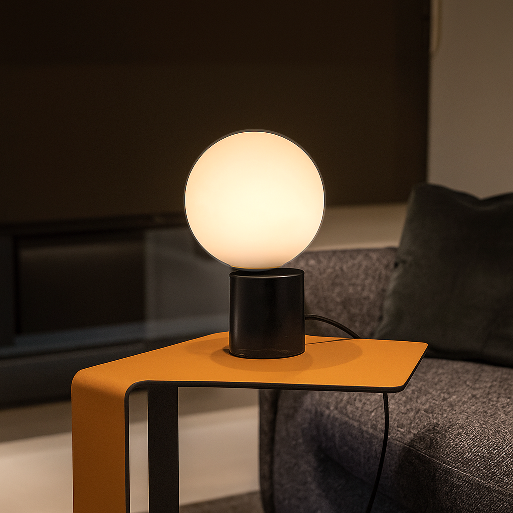 TFS TABLE LAMP 25wE27max D:200 H:300 Inline Switch BLACK MARBLE BASE/OPAL GLASS