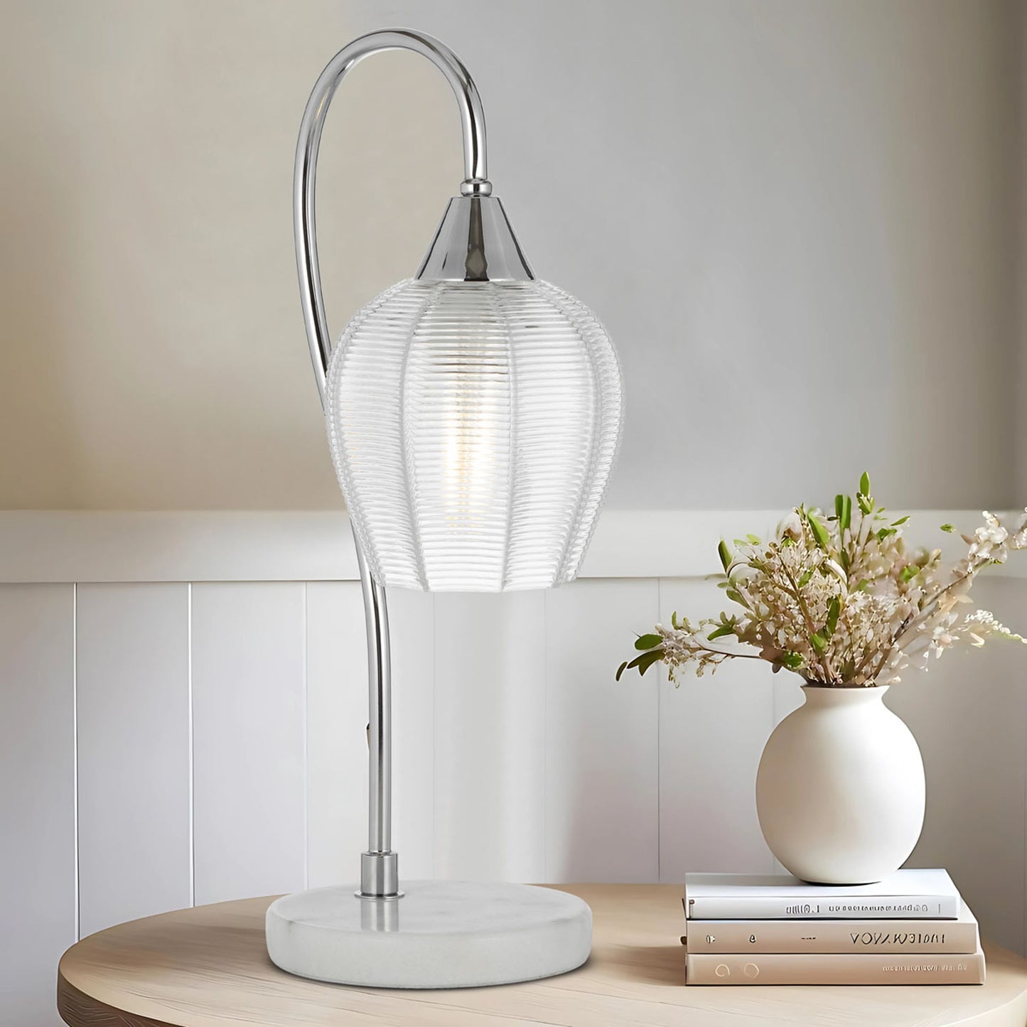 TFS TABLE LAMP 25wE27max L210 W160 H450 line swt WH MARBLE/CHROME/CLEAR