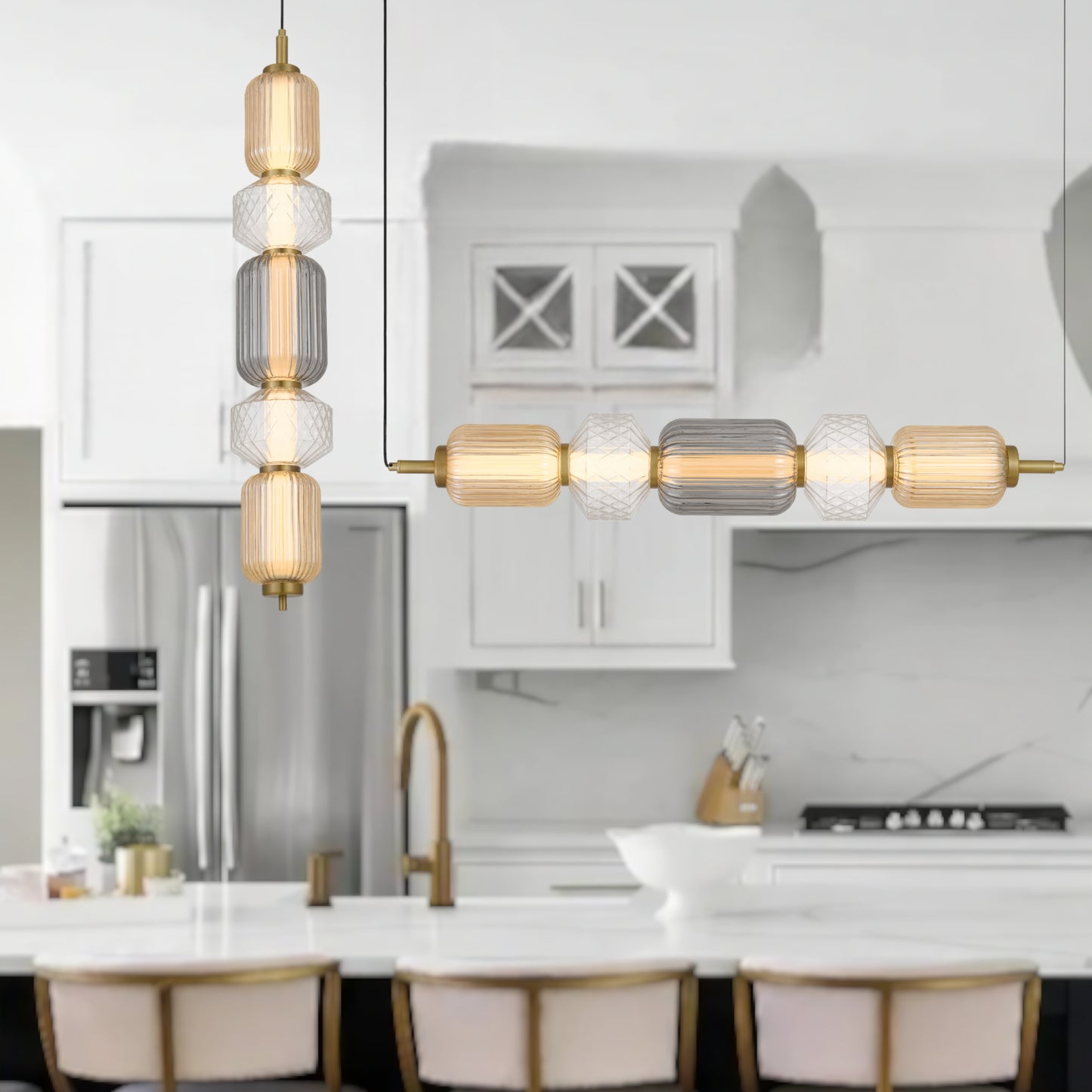 Como TFS PENDANT 5LT 26wLED 3000K NONDIM 2WAY D150x1000 2M 734Lm BRASS/AMBER SMOKE CLEAR
