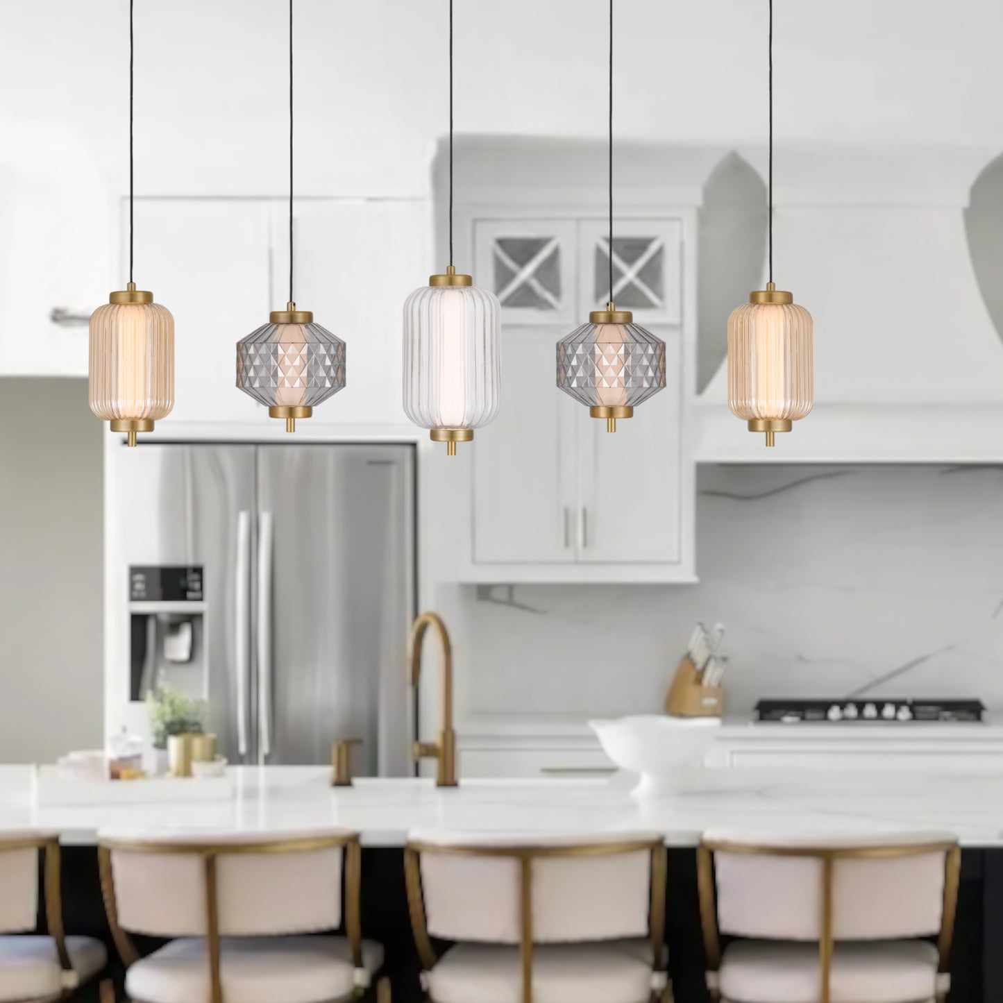 Lecce TFS PENDANT 5LT BAR 22wLED 3000K NONDIM D115 D150 D135 2M 678Lm BRASS/AMBER SMOKE CLEAR