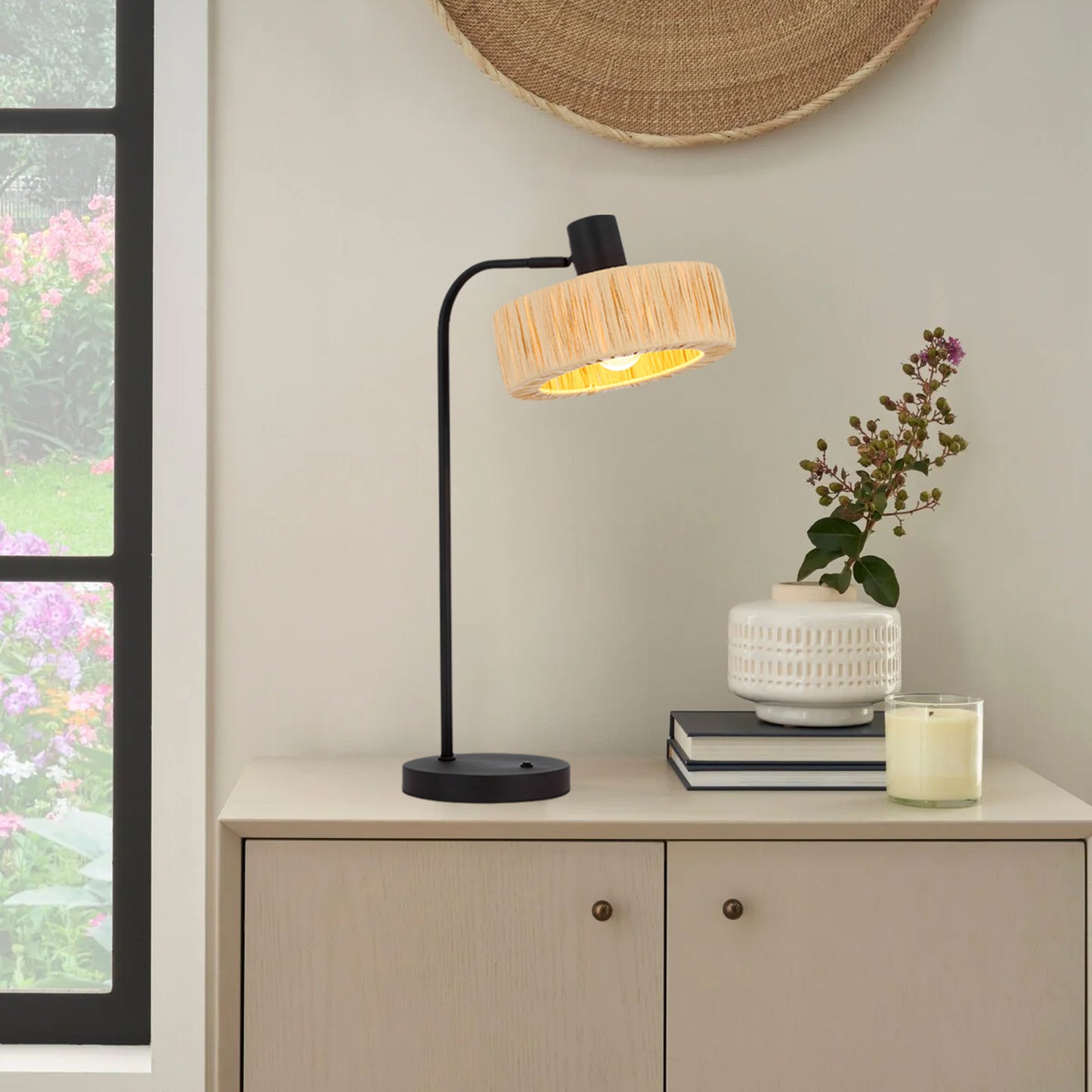 TFS TABLE LAMP 25wE27max L310 W200 H500 inline swt BLACK / NATURAL RAFFIA