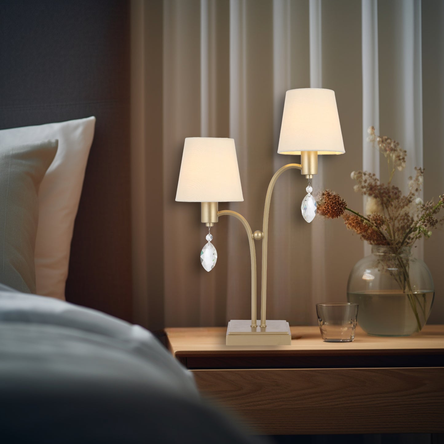 TFS 2 LT TABLE LAMP 2x25wE14max L340 W140 H510 ANT SILVER/CREAM/CRYSTAL