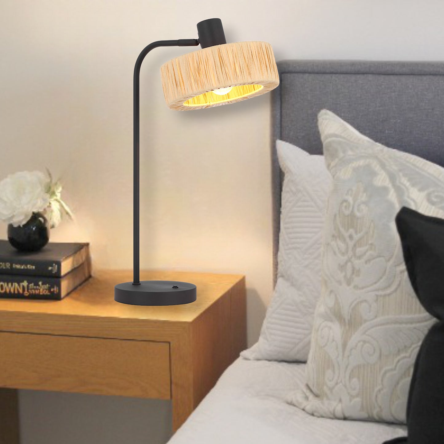 TFS TABLE LAMP 25wE27max L310 W200 H500 inline swt BLACK / NATURAL RAFFIA