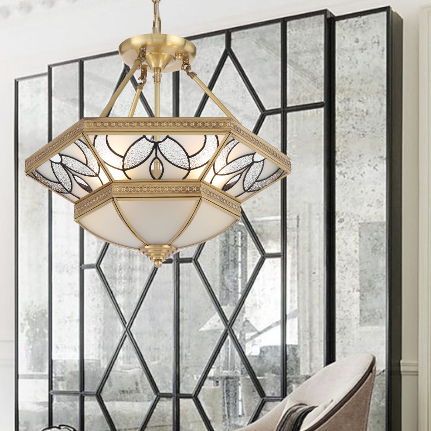 Vitawood TFS PE CTC 4x25wE27max D:500 H:208 chain:2M BRASS/FROST GLASS
