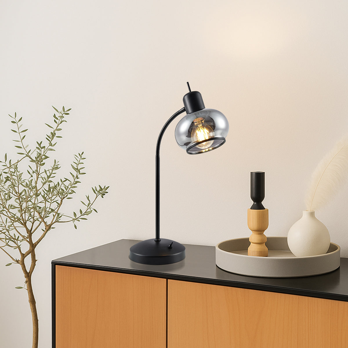 TFS TABLE LAMP 25wE27max L:270 W:160 H:470 TOGGLE SWT BLACK MATT/ SMOKE GLASS