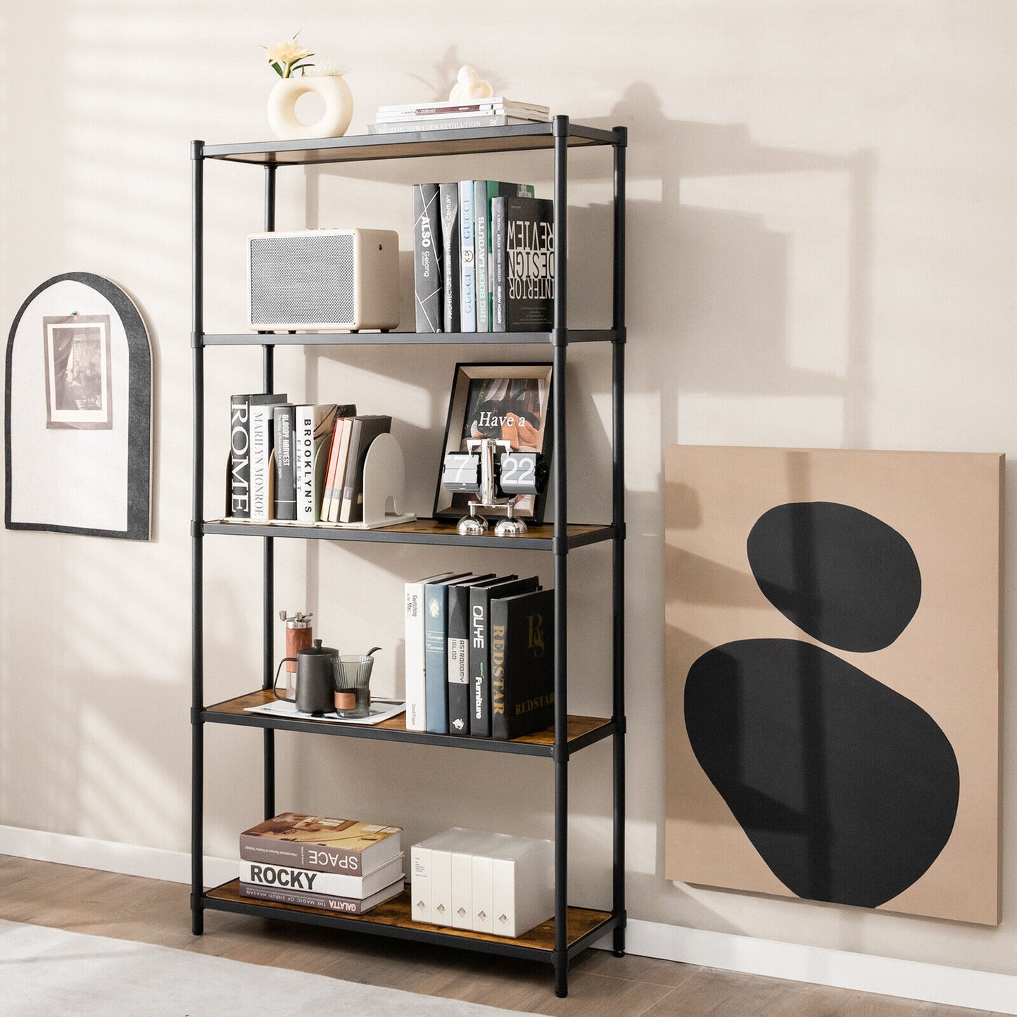 tall-bookshelf-multi-use-storage-organizer-rack-w-metal-frame-rustic-brown-154cm
