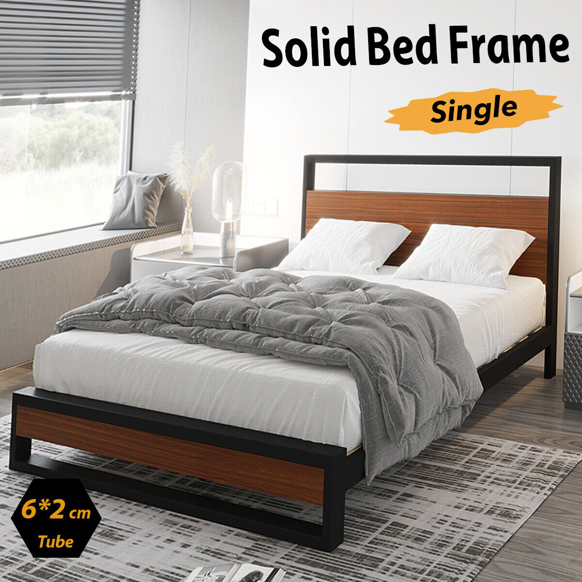 Single Bed Frame with Metal & Wood, Strong Mattress Base