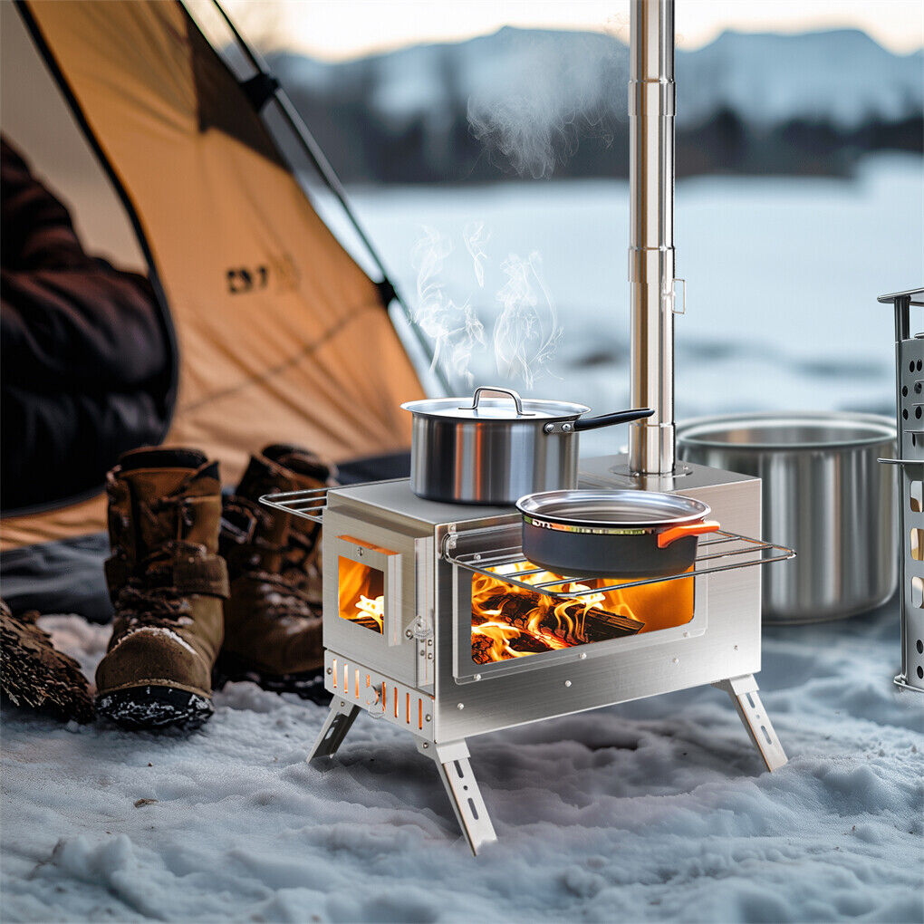 P&P Portable Camping Tent Stove Stainless Steel Wood Burning Stove w/ 7 Chimney Pipe