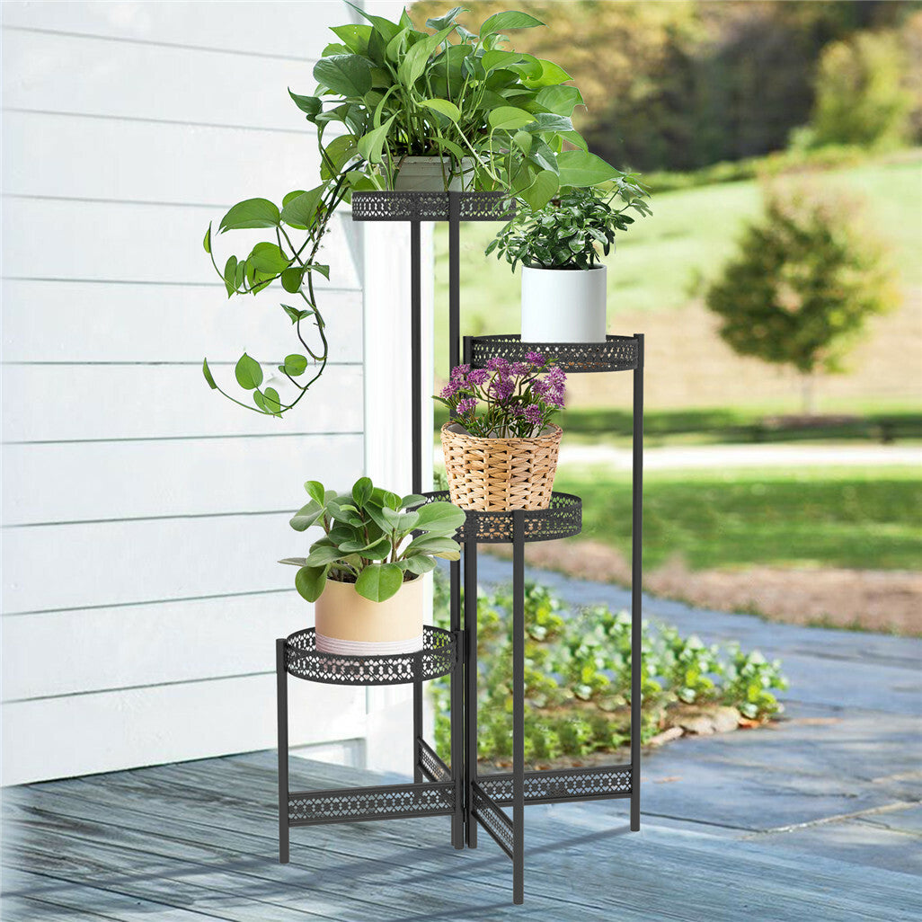 P&P 4Tier Foldable Corner Tall Plant Stand Metal Flower Display Rack Indoor Outdoor