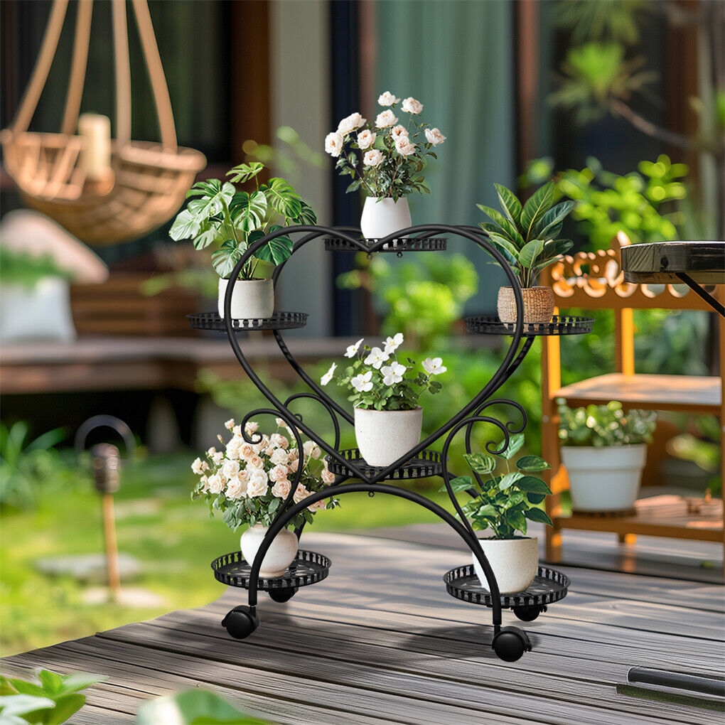 P&P Large 6 Pots Metal Plant Stand Heart-shaped Flower Pots Organizer Rack w/ Wheels