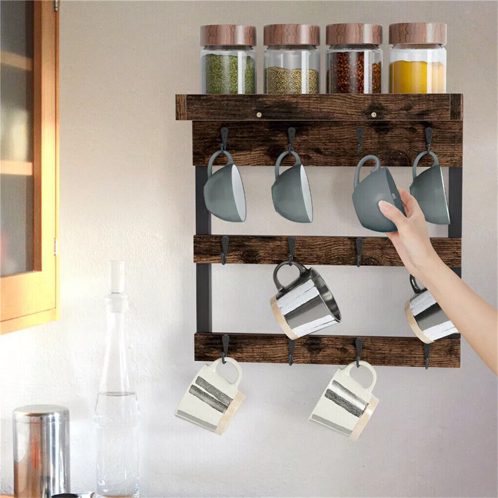 P&P Heavy Duty Wall Mount Coffee Teacup Mug Rack Wood 12 Hook Holder Display Storage