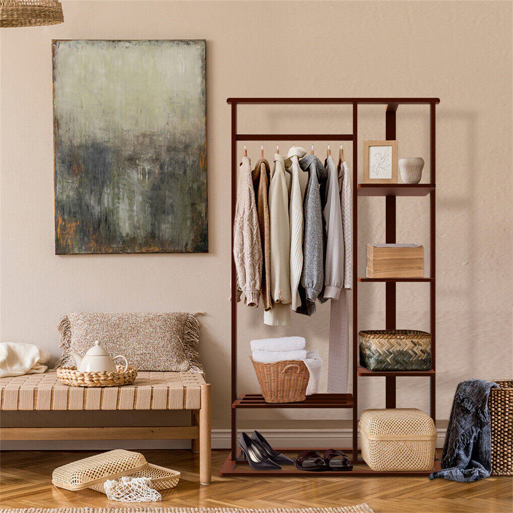 P&P 6 Tier Ladder Strong Wooden Clothes Rail Garment Rack with Top Rod Hanging Shelf